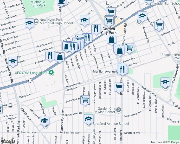 map of restaurants, bars, coffee shops, grocery stores, and more near 91 5th Avenue in New Hyde Park