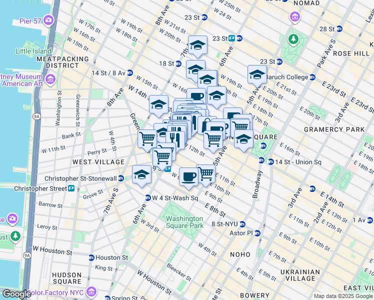 map of restaurants, bars, coffee shops, grocery stores, and more near 54 West 12th Street in New York