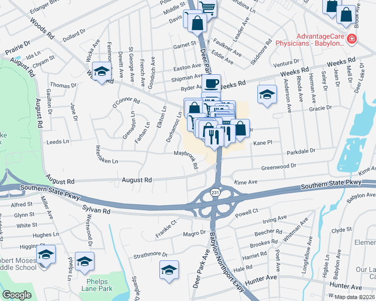 map of restaurants, bars, coffee shops, grocery stores, and more near 31 Maybrook Road in North Babylon