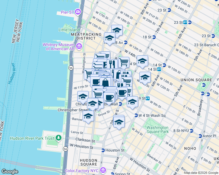 map of restaurants, bars, coffee shops, grocery stores, and more near in New York