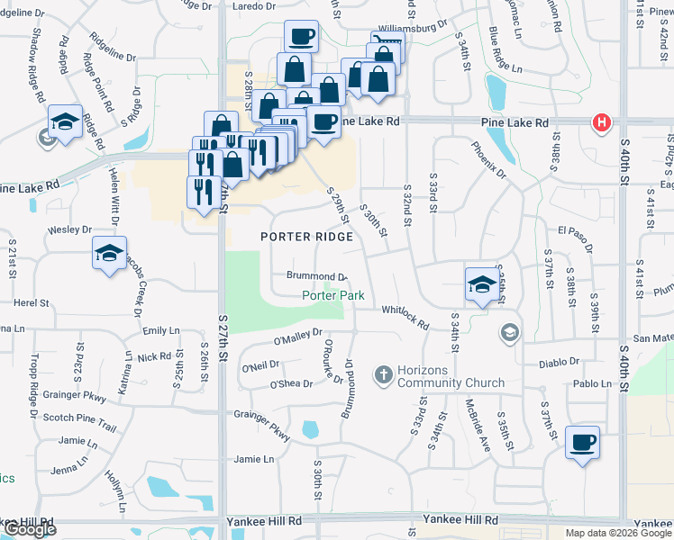 map of restaurants, bars, coffee shops, grocery stores, and more near 7524 Brummond Drive in Lincoln