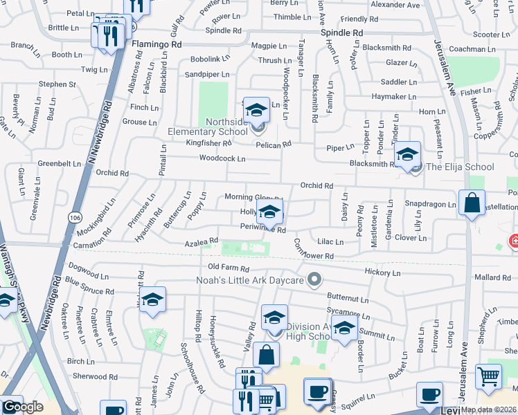 map of restaurants, bars, coffee shops, grocery stores, and more near 53 Hollyhock Road in Levittown