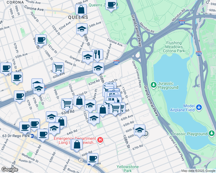 map of restaurants, bars, coffee shops, grocery stores, and more near 62-60 108th Street in Queens