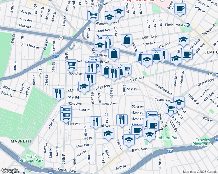 map of restaurants, bars, coffee shops, grocery stores, and more near 71-08 51st Avenue in Queens
