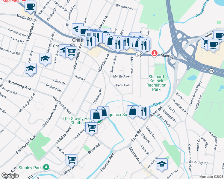 map of restaurants, bars, coffee shops, grocery stores, and more near 100 Summit Avenue in Chatham