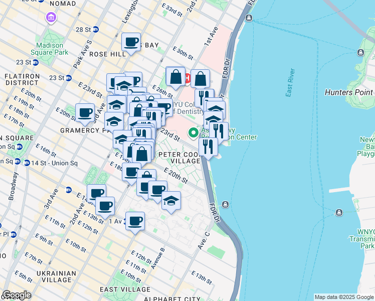 map of restaurants, bars, coffee shops, grocery stores, and more near 510 East 23rd Street in New York