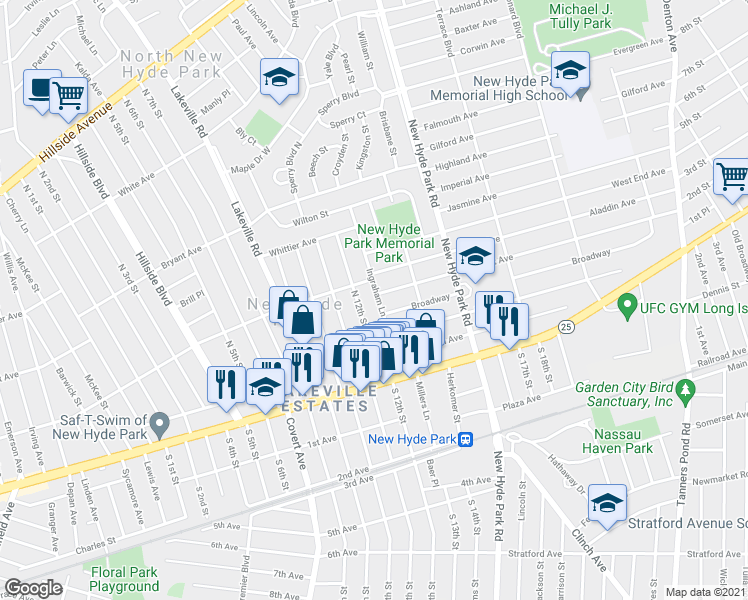 map of restaurants, bars, coffee shops, grocery stores, and more near 137 Ingraham Lane in New Hyde Park