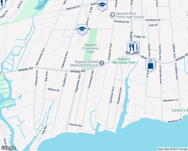 map of restaurants, bars, coffee shops, grocery stores, and more near 43 Connetquot Rd in Bayport