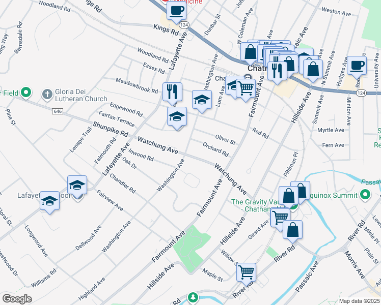 map of restaurants, bars, coffee shops, grocery stores, and more near 152 Watchung Avenue in Chatham