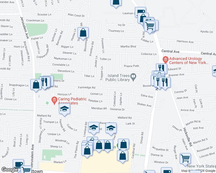 map of restaurants, bars, coffee shops, grocery stores, and more near 98 Farmedge Road in Levittown