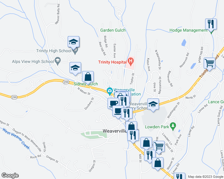 map of restaurants, bars, coffee shops, grocery stores, and more near 351 Main Street in Weaverville