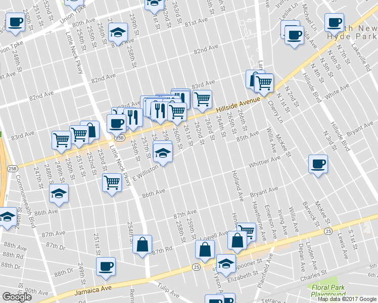 map of restaurants, bars, coffee shops, grocery stores, and more near 260-14 East Williston Avenue in Queens