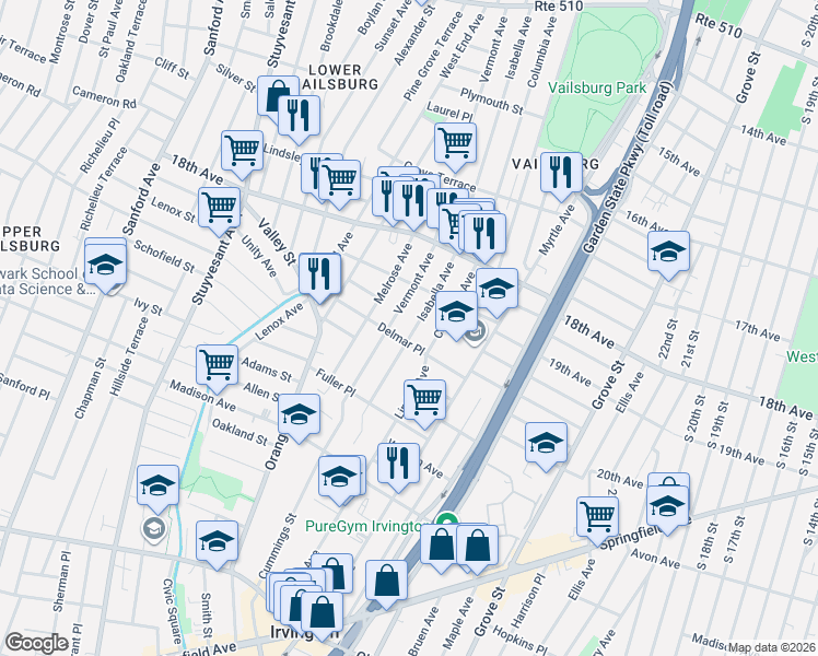 map of restaurants, bars, coffee shops, grocery stores, and more near 283 Isabella Avenue in Irvington