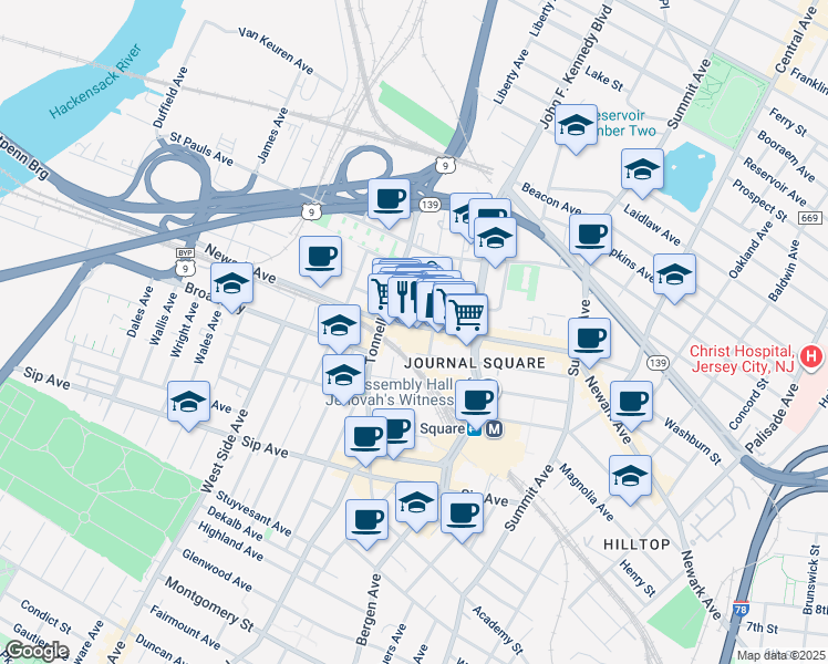 map of restaurants, bars, coffee shops, grocery stores, and more near 813 Newark Avenue in Jersey City