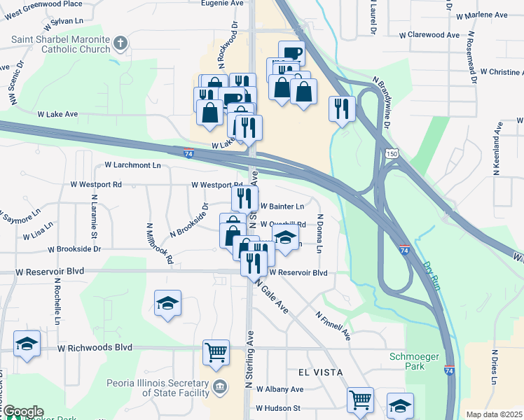 map of restaurants, bars, coffee shops, grocery stores, and more near 2410 West Bainter Lane in Peoria