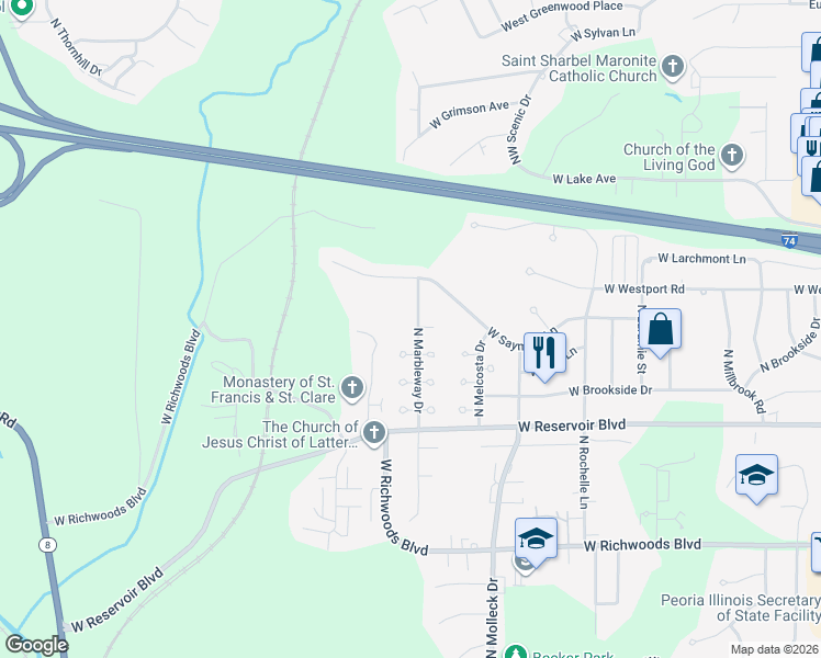 map of restaurants, bars, coffee shops, grocery stores, and more near 3917 North Marbleway Drive in Peoria