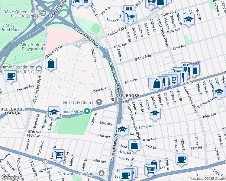 map of restaurants, bars, coffee shops, grocery stores, and more near 83-11 243rd Street in Queens