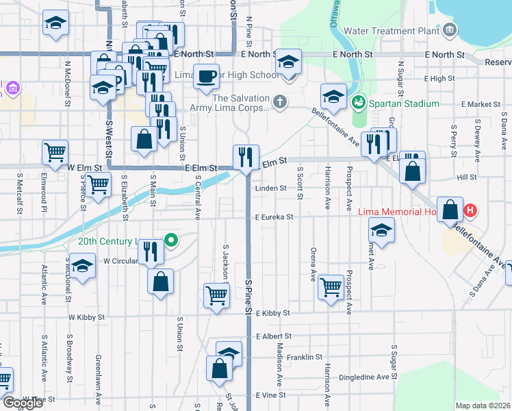 map of restaurants, bars, coffee shops, grocery stores, and more near 257 South Pine Street in Lima