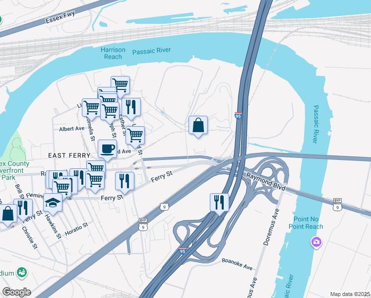 map of restaurants, bars, coffee shops, grocery stores, and more near 17 Blanchard Street in Newark