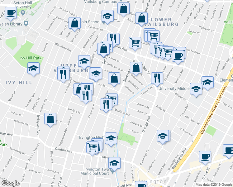 map of restaurants, bars, coffee shops, grocery stores, and more near 327 Stuyvesant Avenue in Newark