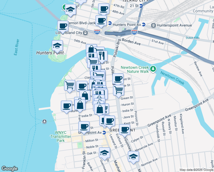map of restaurants, bars, coffee shops, grocery stores, and more near 153 Eagle Street in Brooklyn