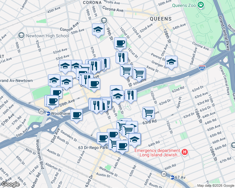 map of restaurants, bars, coffee shops, grocery stores, and more near 98-15 Horace Harding Expressway in Queens