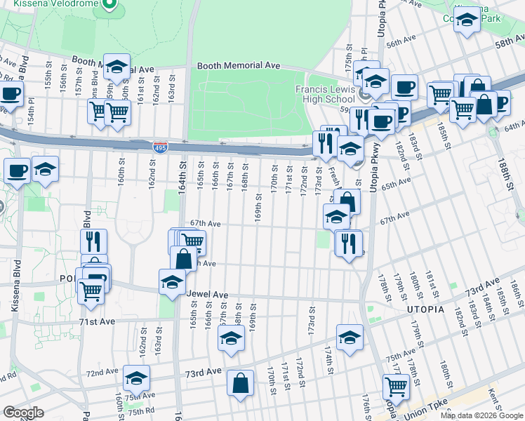 map of restaurants, bars, coffee shops, grocery stores, and more near 65-37 169th Street in Queens
