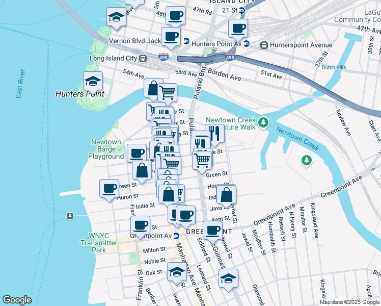 map of restaurants, bars, coffee shops, grocery stores, and more near 187 Eagle Street in Brooklyn