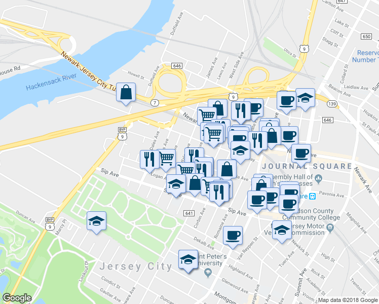 map of restaurants, bars, coffee shops, grocery stores, and more near 72 Wales Avenue in Jersey City