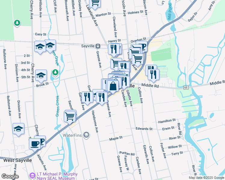 map of restaurants, bars, coffee shops, grocery stores, and more near 131 Main Street in Sayville