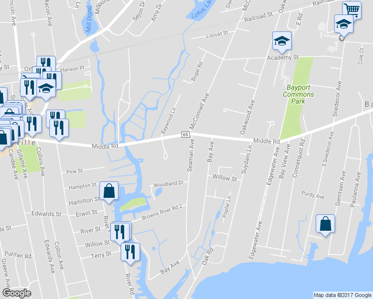map of restaurants, bars, coffee shops, grocery stores, and more near 34 Seaman Avenue in Bayport