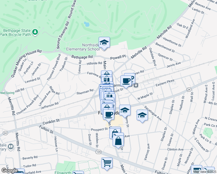 map of restaurants, bars, coffee shops, grocery stores, and more near 145 Main Street in Farmingdale