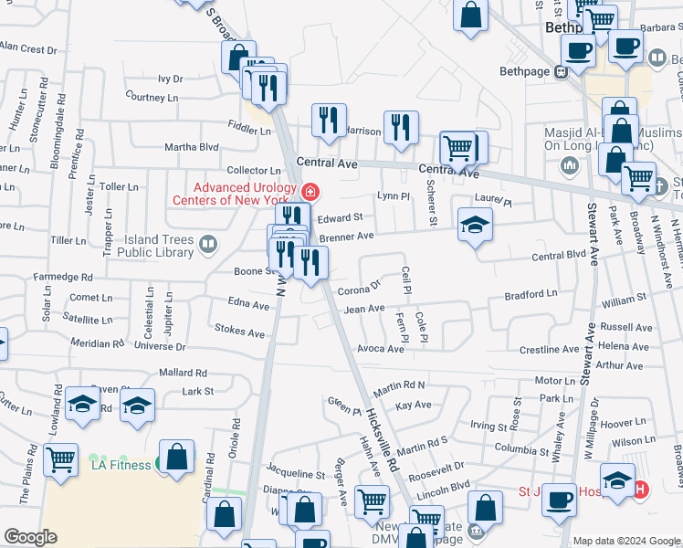 map of restaurants, bars, coffee shops, grocery stores, and more near 56 Curtis Place in Bethpage