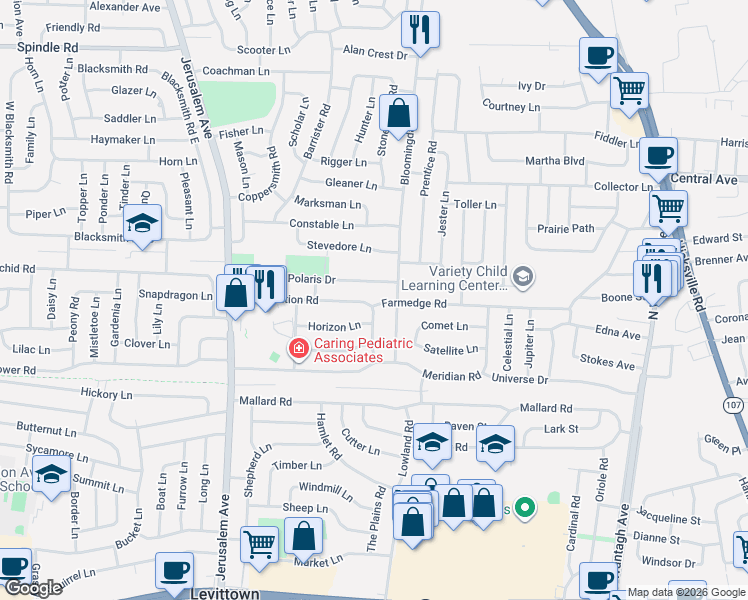 map of restaurants, bars, coffee shops, grocery stores, and more near 160 Farmedge Road in Levittown
