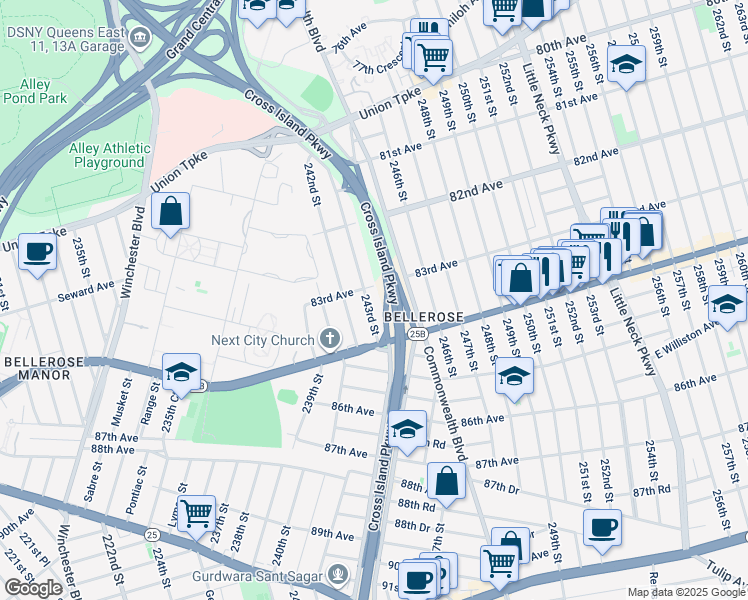 map of restaurants, bars, coffee shops, grocery stores, and more near 83-11 243rd Street in Queens