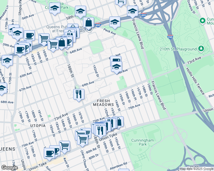map of restaurants, bars, coffee shops, grocery stores, and more near 192-50A 71 Circle in Queens