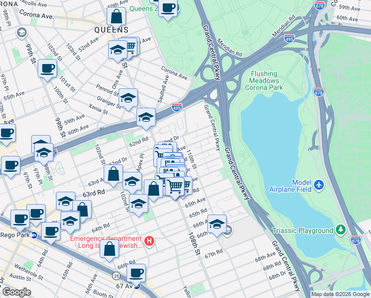 map of restaurants, bars, coffee shops, grocery stores, and more near 63-07 110th Street in Queens