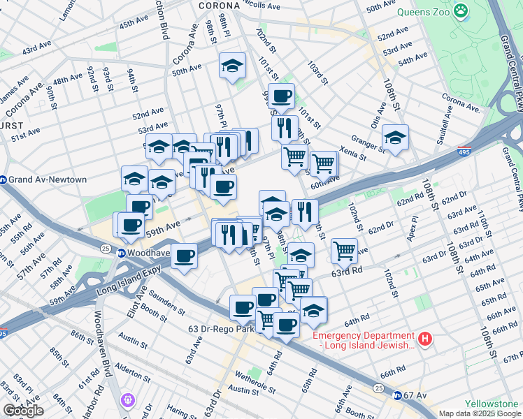 map of restaurants, bars, coffee shops, grocery stores, and more near 9715 Horace Harding Expressway in Queens