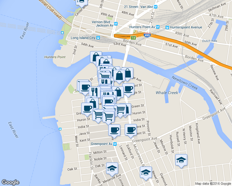 map of restaurants, bars, coffee shops, grocery stores, and more near 153 Eagle Street in Brooklyn