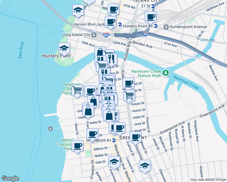 map of restaurants, bars, coffee shops, grocery stores, and more near 153 Eagle Street in Brooklyn