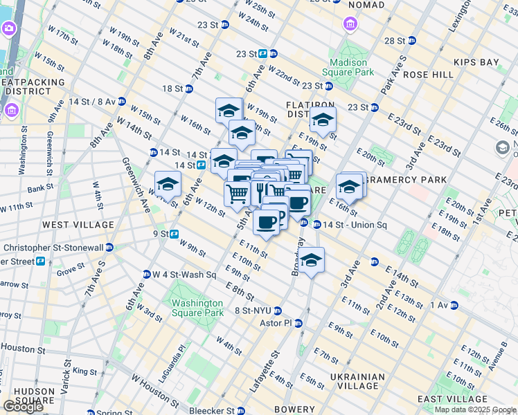 map of restaurants, bars, coffee shops, grocery stores, and more near 2 West 14th Street in New York