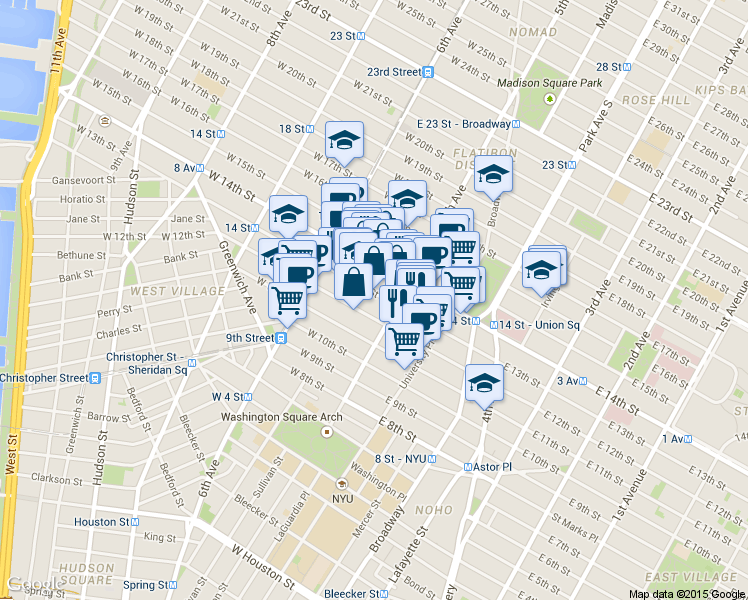 map of restaurants, bars, coffee shops, grocery stores, and more near 10 West 13th Street in New York