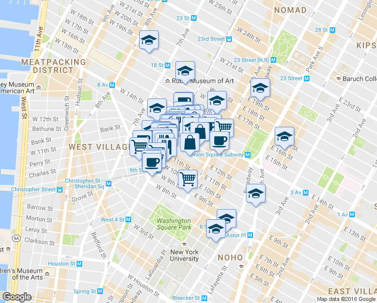 map of restaurants, bars, coffee shops, grocery stores, and more near 54 West 12th Street in New York