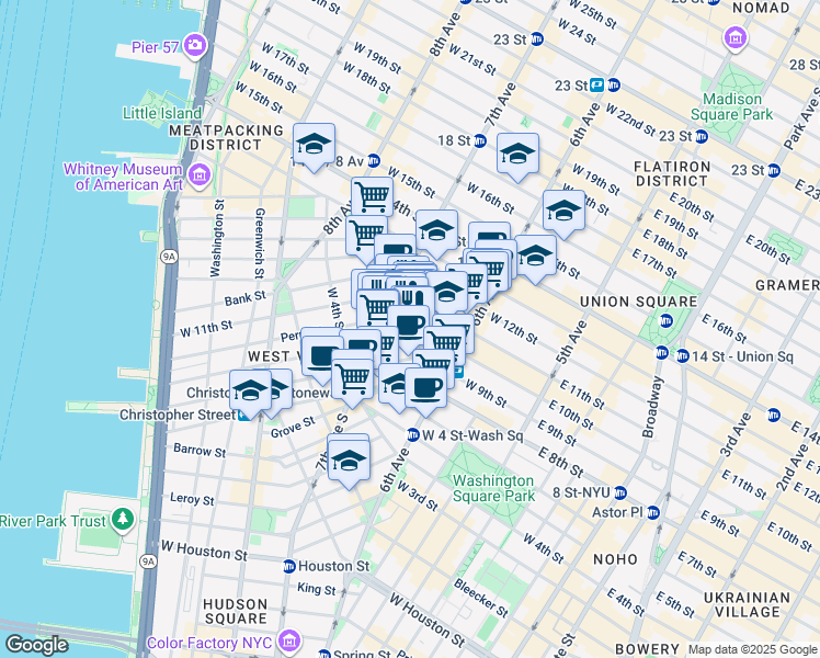 map of restaurants, bars, coffee shops, grocery stores, and more near 70 Greenwich Avenue in New York