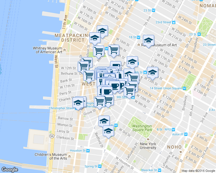 map of restaurants, bars, coffee shops, grocery stores, and more near in New York