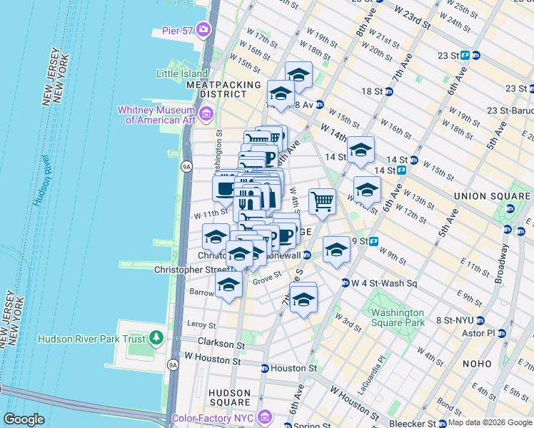 map of restaurants, bars, coffee shops, grocery stores, and more near 97 Perry Street in New York