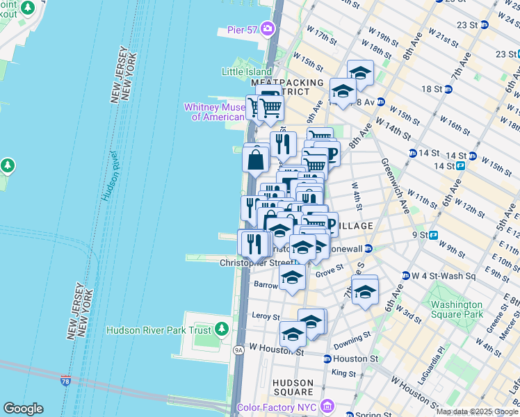 map of restaurants, bars, coffee shops, grocery stores, and more near 377 West 11th Street in New York