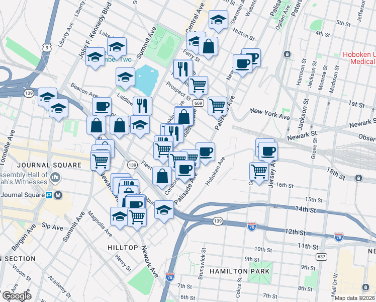 map of restaurants, bars, coffee shops, grocery stores, and more near 46 Beacon Avenue in Jersey City