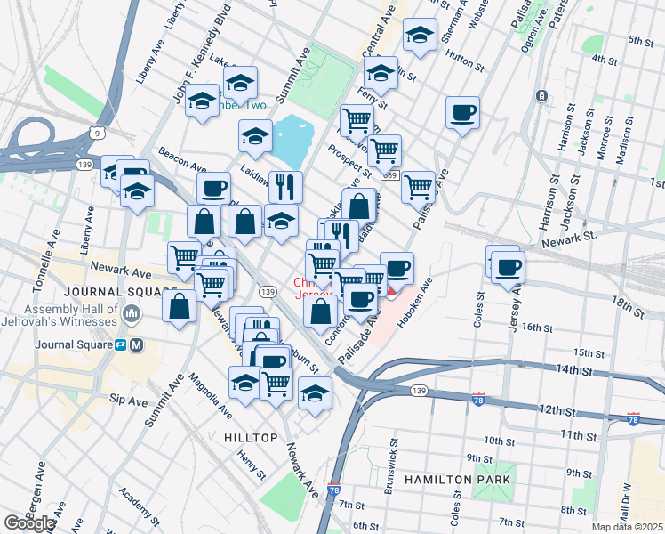 map of restaurants, bars, coffee shops, grocery stores, and more near 63 Hopkins Avenue in Jersey City