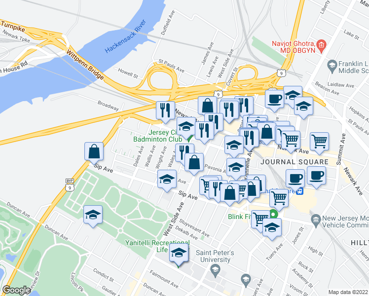 map of restaurants, bars, coffee shops, grocery stores, and more near 70 Wales Avenue in Jersey City